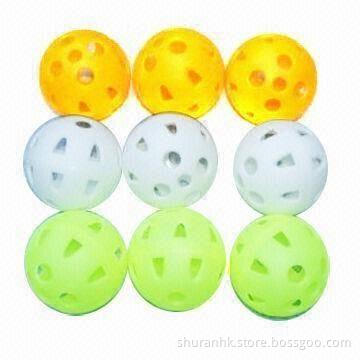 Air flow practice golf balls, made of plastic